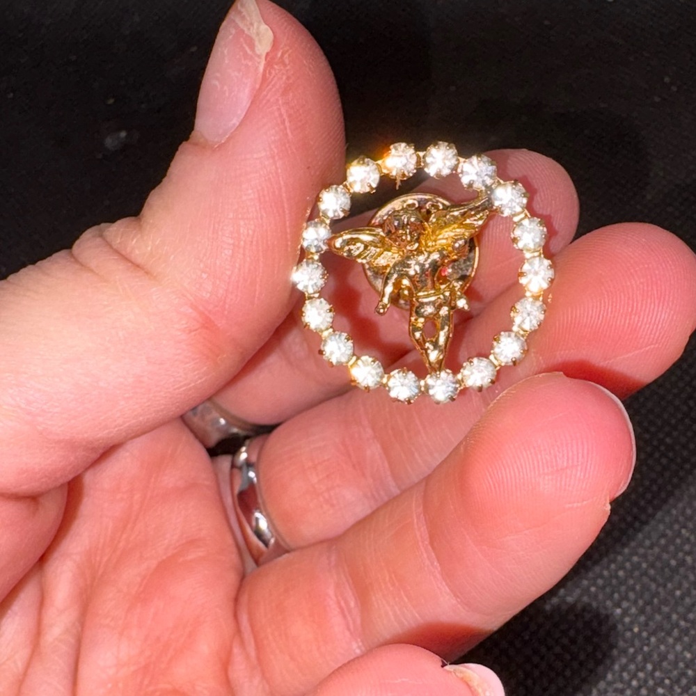 Angel Cherub Pin Women OS Gold Excellent Rhinestone Halo Celestial‎